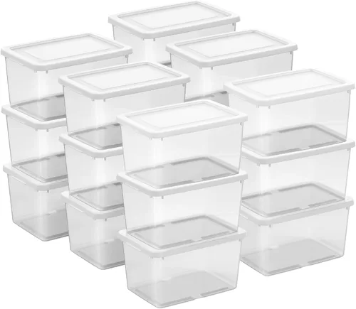 Vista 28 de Sterilite - Paquete de 12 cajas de almacenamiento apilables con tapas a presión; contenedor organizador de plástico resistente para armario, baño