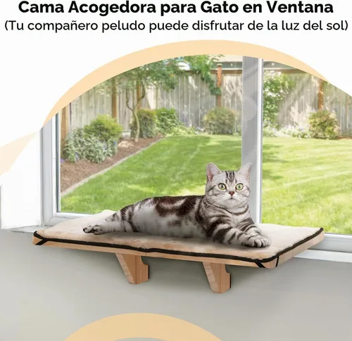 Vista 7 de Percha de Ventana para Gatos Petsfit, Hamaca de Gato de Madera Maciza Natural con Estera de Forro Polar Desmontable, Percha de Ventana Fácil