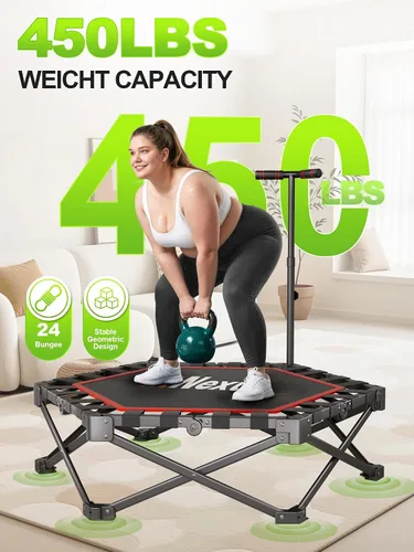 Vista 5 de 42" Foldable Mini Trampoline- 450lb Capacity Fitness Rebounder w/3-Level Adjustable T-Bar, Adults Workout Trampoline, Non-Slip Pad Foldable Design