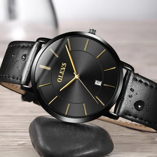 Vista 3 de OLEVS Brown Black Leahter Strap Quartz Analog Ultra Thin Minimalist Male Wrist Watches Waterproof Date Dial