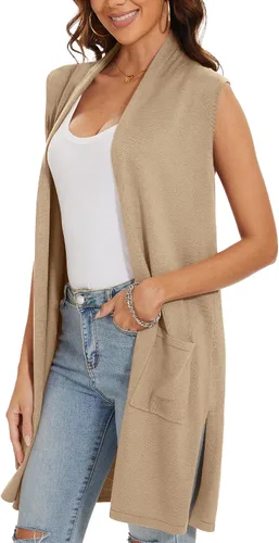 Vista 3 de Chaleco de punto largo para mujer, sin mangas, con bolsillos, frente abierto, drapeado, chaleco casual