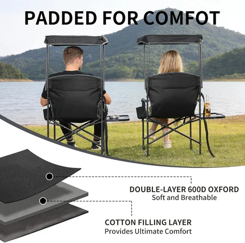 Vista 5 de Sillas de campamento de gran tamaño con dosel, silla plegable de directores con mesa auxiliar y bolsillos, sillas plegables portátiles para adultos