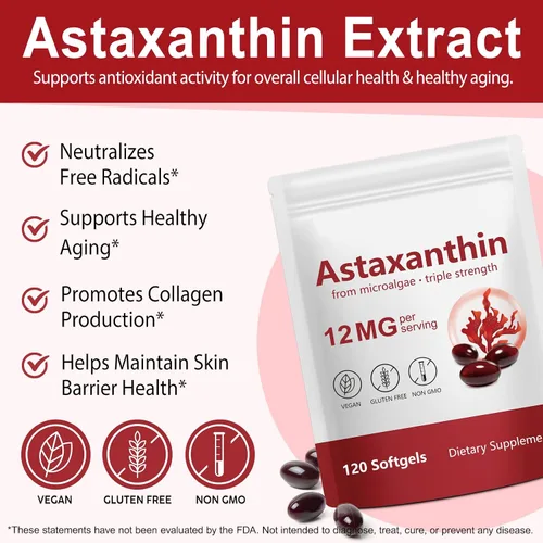 Vista 2 de Suplementos de Astaxantina 12 mg - 120 cápsulas blandas Antioxidante natural premium de microalgas Apoyo para la salud de los ojos, la piel