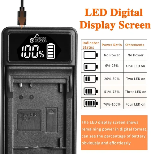 Vista 5 de Batería EN-EL12 y cargador LED compatible con Nikon Coolpix A1000 B600 W300 A900 AW100 AW110 AW120 AW130 S6300 S8100 S8200 S9050 S9200 S9300 S9400