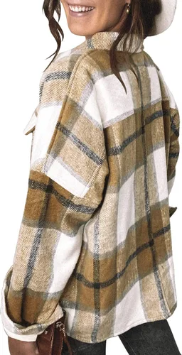 Vista 2 de DOROSE - Abrigo de manga larga con botones para mujer, camisa a cuadros de franela 01 caqui