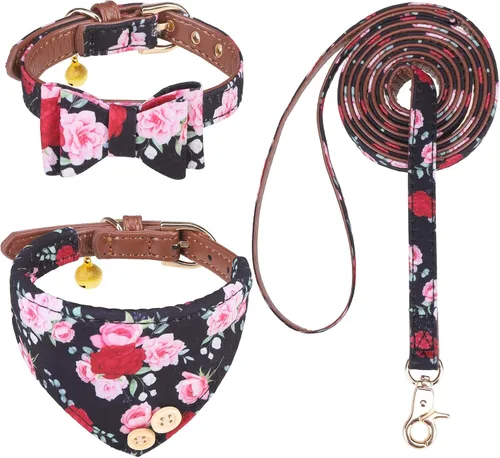 Vista 16 de EXPAWLORER Juego de collar y correa para cachorros, collar clásico a cuadros para perros pequeños con corbatín, bonito juego de collar y correa