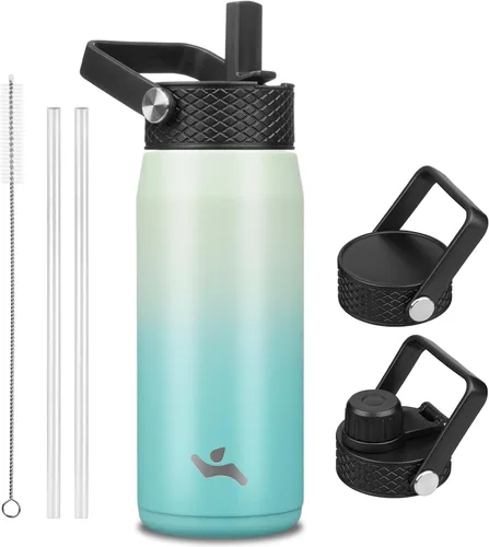 Vista 100 de Konokyo - Botella de agua aislada de 18 onzas, botellas deportivas de acero inoxidable con 3 tapas, verde militar