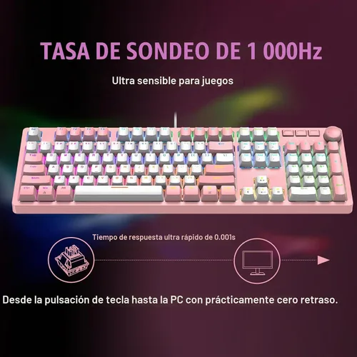 Vista 3 de FOXXRAY HKM-95 Teclado mecánico con cable para juegos, retroiluminado RGB de tamaño completo con perilla de control de medios, interruptores azules