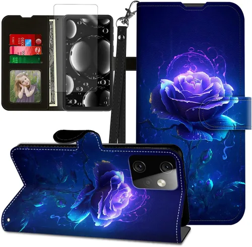 Vista 391 de Funda para Motorola Edge 2022 con protector de pantalla, soporte y tarjetero y correa para la muñeca, funda magnética para Moto Edge 2022 5G UW Lobo