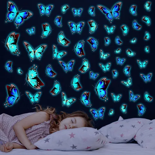 Vista 9 de Calcomanías de pared de mariposa que brillan en la oscuridad, calcomanías de pared de mariposa luminosas azules, calcomanías de pared para estilo 10