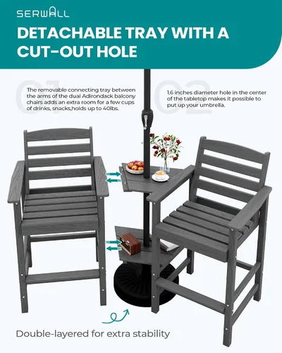Vista 5 de SERWALL Juego de 2 sillas Adirondack altas con mesa de conexión, color gris