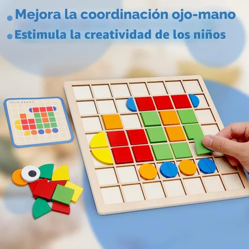 Vista 3 de Montessori Tangram Educativo, Juguetes de Rompecabezas de Formas Geométricas con 120 piezas de Bloques de Rompecabezas de Madera y 20 piezas