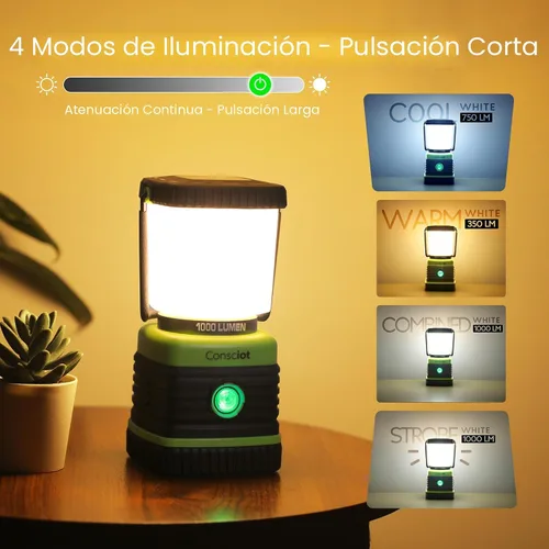 Vista 3 de Linterna de camping LED recargable, luces de camping Consciot, 1000 lúmenes, 4 modos de luz, banco de energía de 4400 mAh, luces de tienda