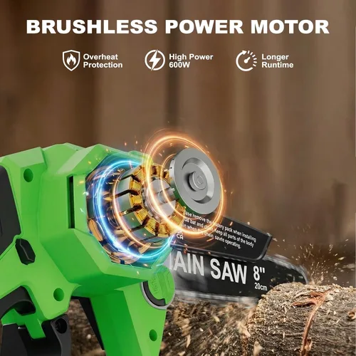 Vista 5 de Mini motosierra de 8 pulgadas con 2 baterías y cargador, motosierras inalámbricas sin escobillas con engrasador automático, motosierra eléctrica
