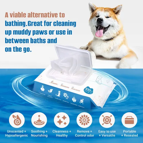 Vista 4 de Toallitas de aseo para perros – 200 unidades / 2 paquetes de toallitas de limpieza sin perfume para gatos – Toallitas para mascotas a base