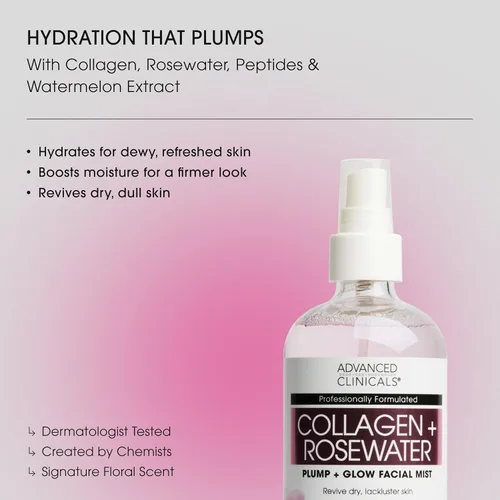 Vista 2 de Advanced Clinicals Colágeno de agua de rosas para el cuidado de la piel revitalizante e hidratante para la cara Tónico en aerosol facial