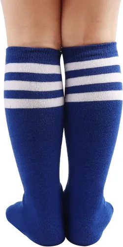 Vista 3 de BQUBO - Calcetines de fútbol para niños pequeños, calcetines de algodón a rayas hasta la rodilla, calcetines de tubo largo para niños y niñas de 3 a