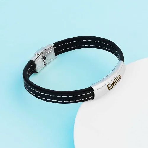 Vista 2 de Pulsera personalizada para hombres pulsera personalizada de cuero trenzado negro con nombre grabado para marido novio pulseras para hombres Sin gemas
