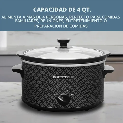 Vista 2 de Olla de cocción lenta West Bend de 4 cuartos manual estilo cerámica con olla de cerámica ovalada apta para lavavajillas y tapa de vidrio, dos Negro