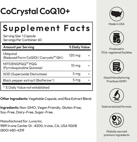 Vista 6 de BIGVITA CoCrystal CoQ10 + 120 mg de ubiquinol - Fórmula de ultra absorción con PQQ, SOD y BioPerine - Apoya la vitalidad cardíaca, energía y celular