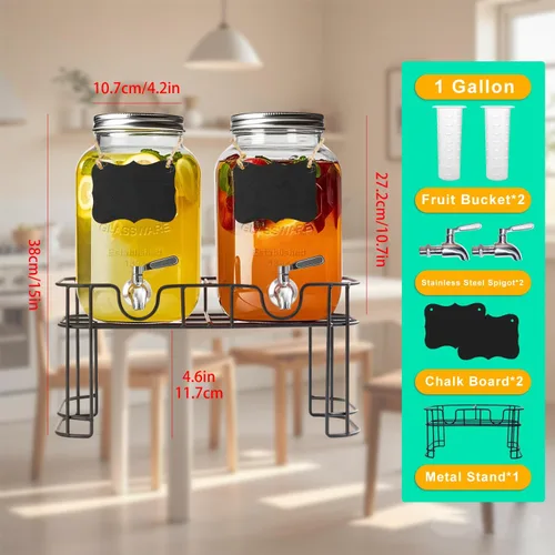 Vista 4 de dispensador de bebidas de vidrio de 1 galón con soporte, paquete de 2 dispensadores de vidrio con llave de acero inoxidable, dispensador de agua
