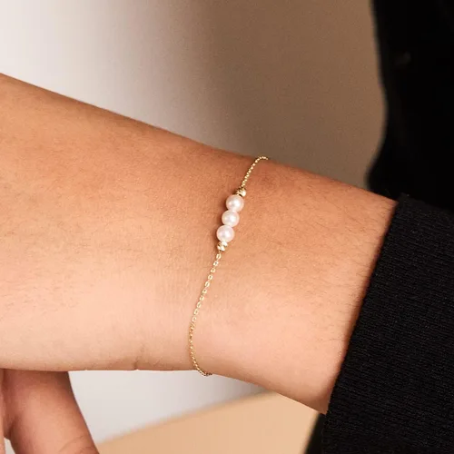 Vista 2 de Pulsera de tres perlas de oro real de 14 quilates para mujer, pulsera de cuentas de oro de 14 quilates, delicadas pulseras de perlas de oro, joyería