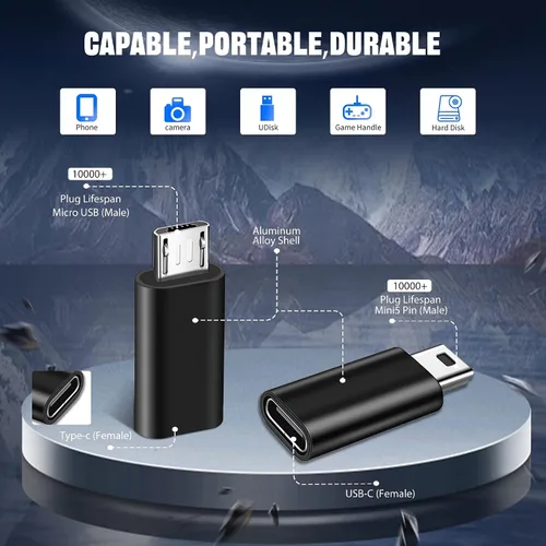 Vista 2 de Adaptador USB C, paquete de 4, 2 conectores C hembra a micro USB, 2 adaptadores USB C a mini USB macho de 5 pines, compatible con carga