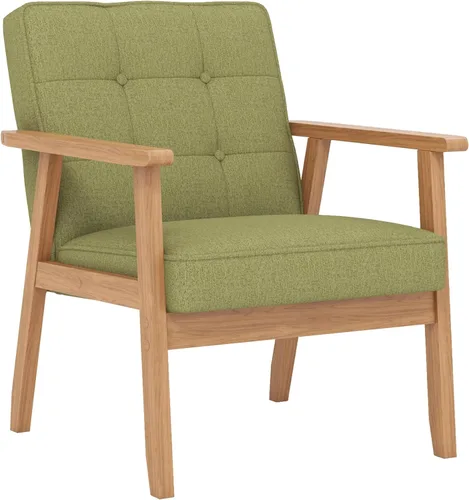 Vista 15 de Silla decorativa moderna con reposabrazos, silla de ocio tapizada de tela de lino con botón de respaldo y marco de madera para sala de estar, Beige
