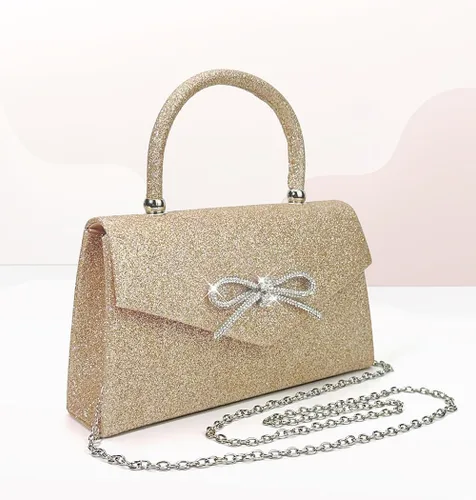 Vista 6 de Bolso de noche para mujer, con lazo brillante, bolso de mano para boda, fiesta, monederos con diamantes de imitación con purpurina para cóctel