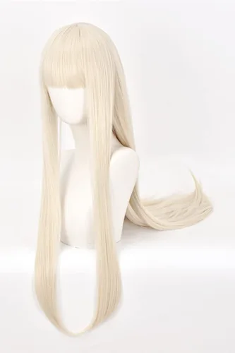 Vista 2 de Peluca rubia crema larga y recta con flequillo para niñas, pelucas de fiesta de disfraces de Halloween