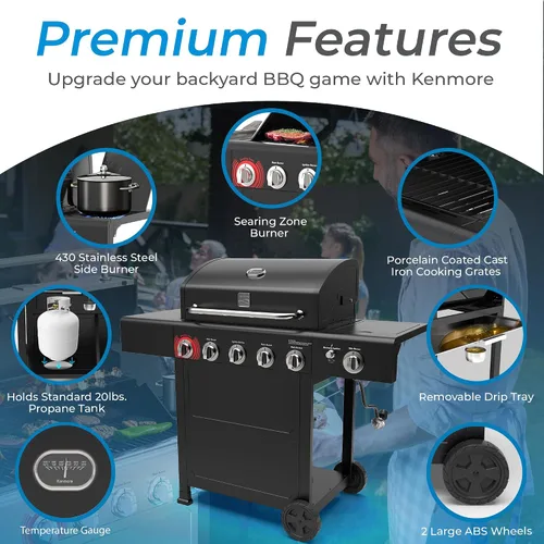 Vista 5 de Kenmore Parrilla de gas propano para barbacoa, 5 quemadores con quemador lateral y zona de sellado, parrilla de acero inoxidable de 644 pulgadas