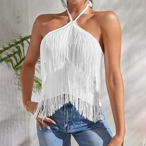 Vista 4 de XOWRTE Women's Sexy Hollowed Out Backless Crop Cami Top Halterneck Tassel Suspender Summer Girl Cocktail Party Vest Clubwear