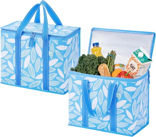 Vista 10 de VENO Paquete de 2 bolsas de almuerzo aisladas, resistentes al agua Raya azul marino clásica