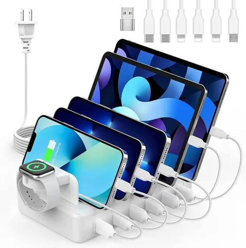 Vista 10 de Estación de Carga para Múltiples Dispositivos, CREATIVE DESIGN Estación de Carga USB 50W de 6 Puertos con Soporte para Apple Watch y 6 Cables