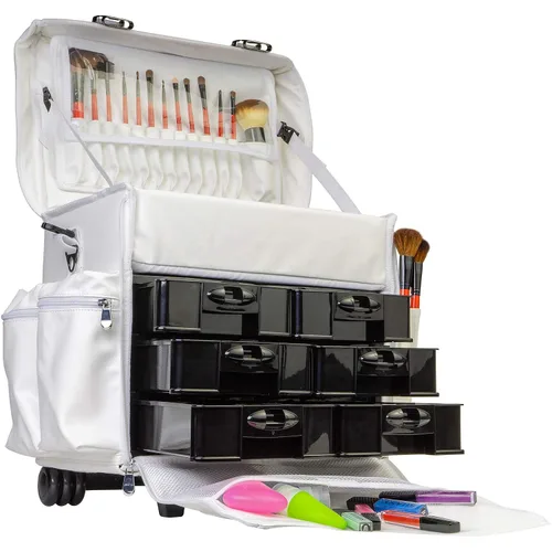 Vista 6 de Estuche de maquillaje blando con carrito SHANY Cosmetics, 2 compartimientos, color negro con 3 bolsas organizadoras de malla de regalo