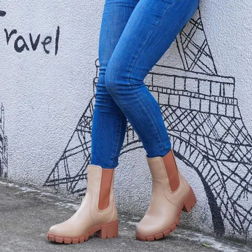 Vista 2 de Hawkwell Botas Chelsea de plataforma para mujer, botines gruesos con tacón de bloque elástico, suela de lengüeta