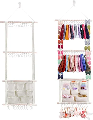 Vista 12 de cherrboll Organizador de lazos para el pelo con soporte para diadema para niñas, colgador de almacenamiento de pinzas para el cabello con ganchos