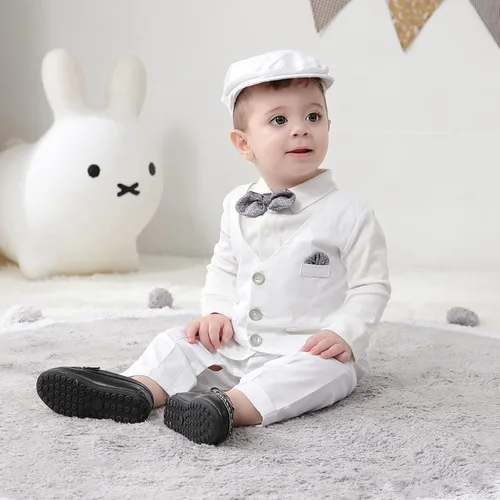 Vista 3 de HOSUKKO - Traje de bebé para caballero, mamelucos + boina + corbatín (0-24 meses)