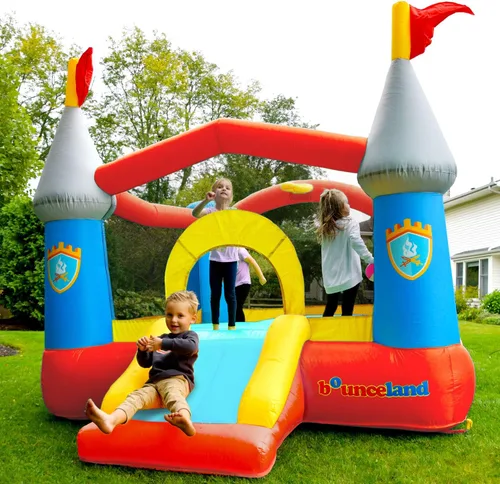 Vista 3 de Castillo de casa saltarina inflable Bounceland con aro de baloncesto, brincador inflable, tobogán divertido, entrada segura, soplador fuerte