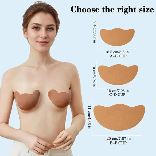 Vista 6 de Cinta de levantamiento de senos 4 unidades Adhesivo invisible para senos grandes y vestidos sin tirantes, color nude ultrafino + 4 cubiertas