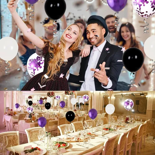 Vista 6 de Decoraciones de fiesta moradas y negras para mujeres, decoraciones de cumpleaños moradas para niñas y hombres con mantel de fondo de feliz