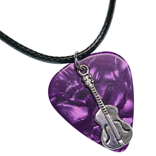 Vista 6 de Collar de púa de guitarra con dije de guitarra y cadena de cordón de cuero vegano