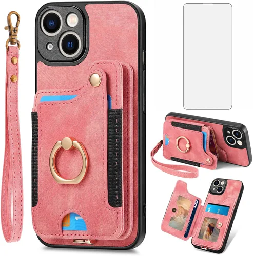 Vista 9 de Asuwish Funda de teléfono para iPhone 15 de 6.1 pulgadas con protector de pantalla de vidrio templado y correa para la muñeca, soporte para tarjeta