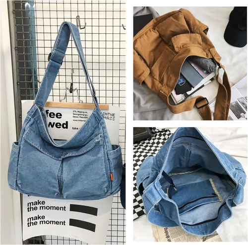 Vista 3 de KlaOYer Bolso bandolera de lona grande tipo hobo para la escuela, bolso bandolera con bolsillo para mujeres y hombres