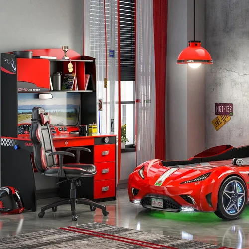 Vista 7 de Cilek GTS EV - Escritorio de estudio y gabinete con diseño de tablero de instrumentos de automóvil EV, estantes adicionales, cajones de cierre
