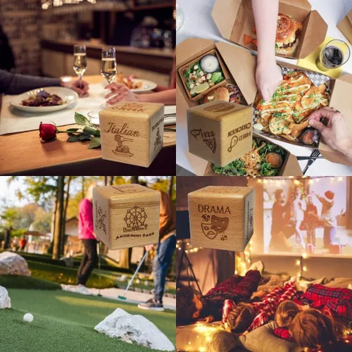 Vista 3 de Dados de decisión de madera, idea de regalo, noche de cita en pareja, familia, Foodie Cena en actividades para llevar Género de película, grabado 4
