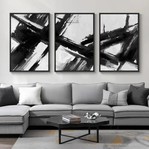 Vista 21 de Arte de pared abstracto moderno enmarcado en blanco y negro, 3 piezas de impresiones en lienzo pinturas obras de arte para paredes, cuadros Negro