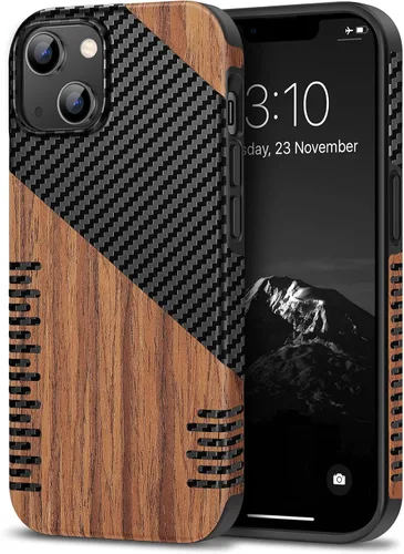 Vista 22 de TENDLIN Compatible con Funda para iPhone 14 de Grano de Madera con Diseño de Textura de Fibra de Carbono, Funda Híbrida de Cuero delgada Negra Negro