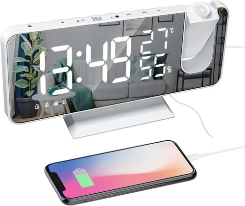 Vista 10 de ThreeH - Reloj despertador digital con proyección, color negro y azul 4 atenuadores, 180° giratorio, 2 sonidos, pantalla de espejo grande de 7.4