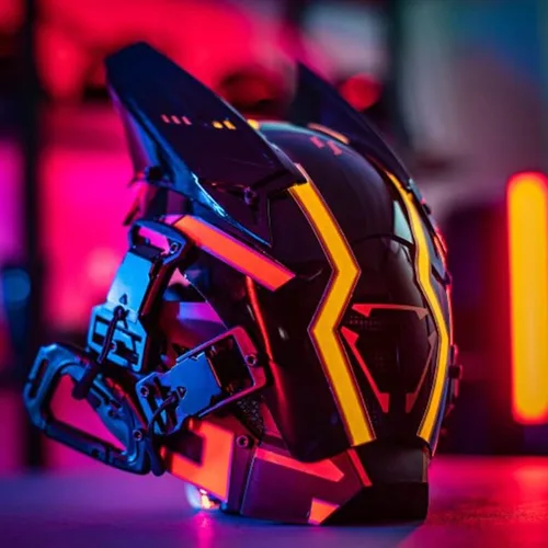Vista 2 de pafgaf Máscara futurista Cyber Punk amarilla brillante Cyber Helmet máscara cosplay para hombres máscara tecnológica negra de cara completa Samurai
